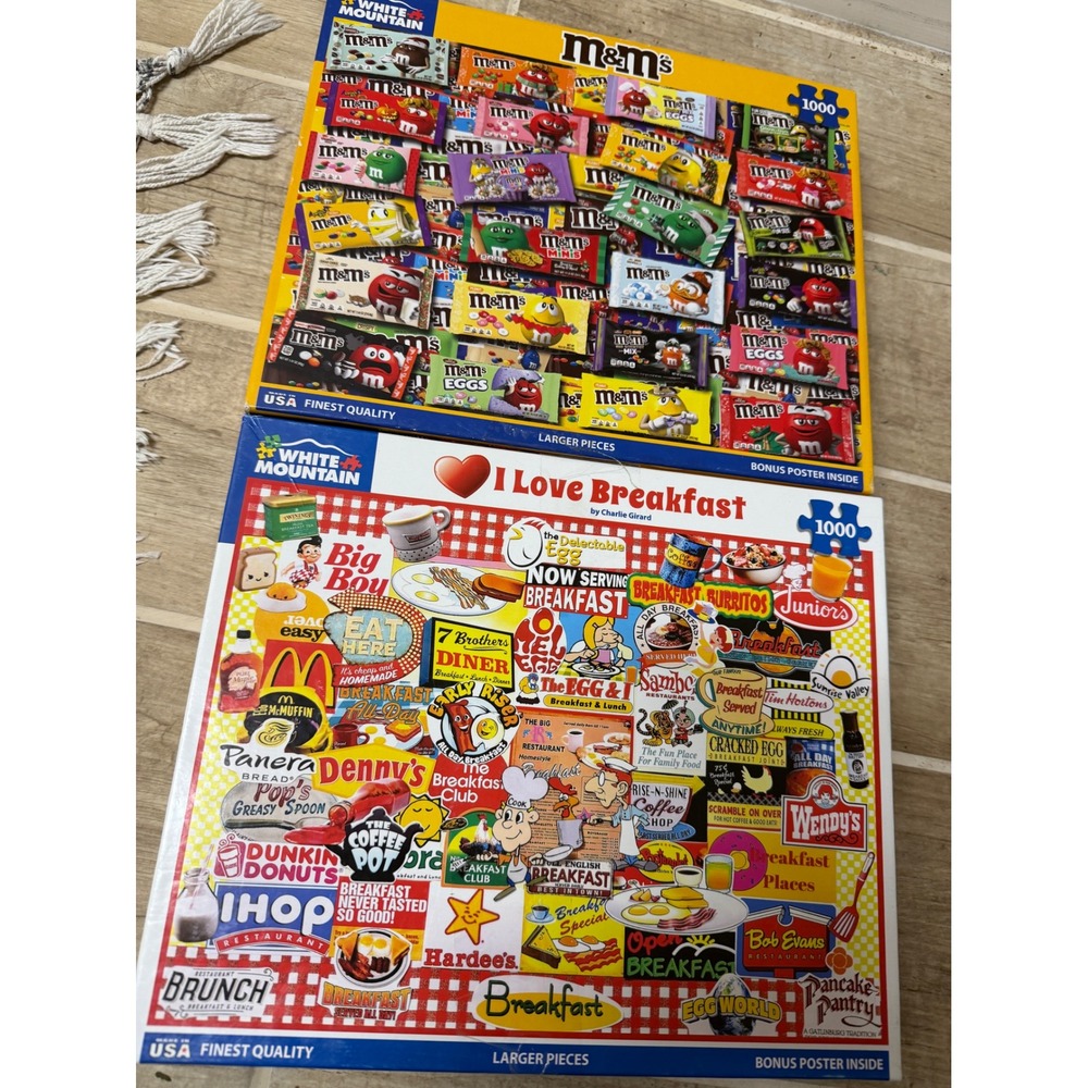 White Mountain Jigsaw Puzzle 1000 pc Puzzles M&Ms Breakfast Collage Set of 2